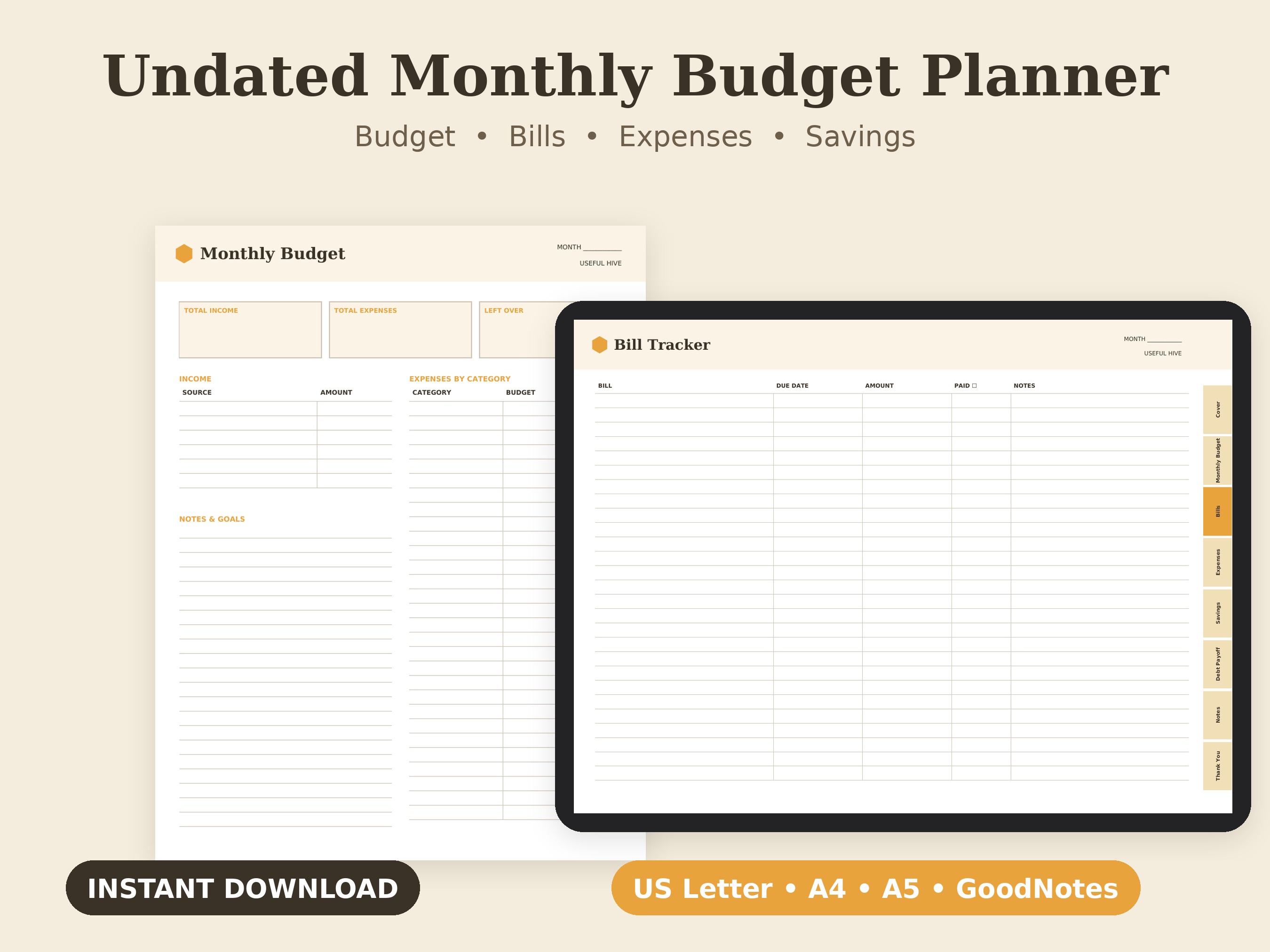 Budget Tracker printable PDF cover — income, bills, spending and savings pages