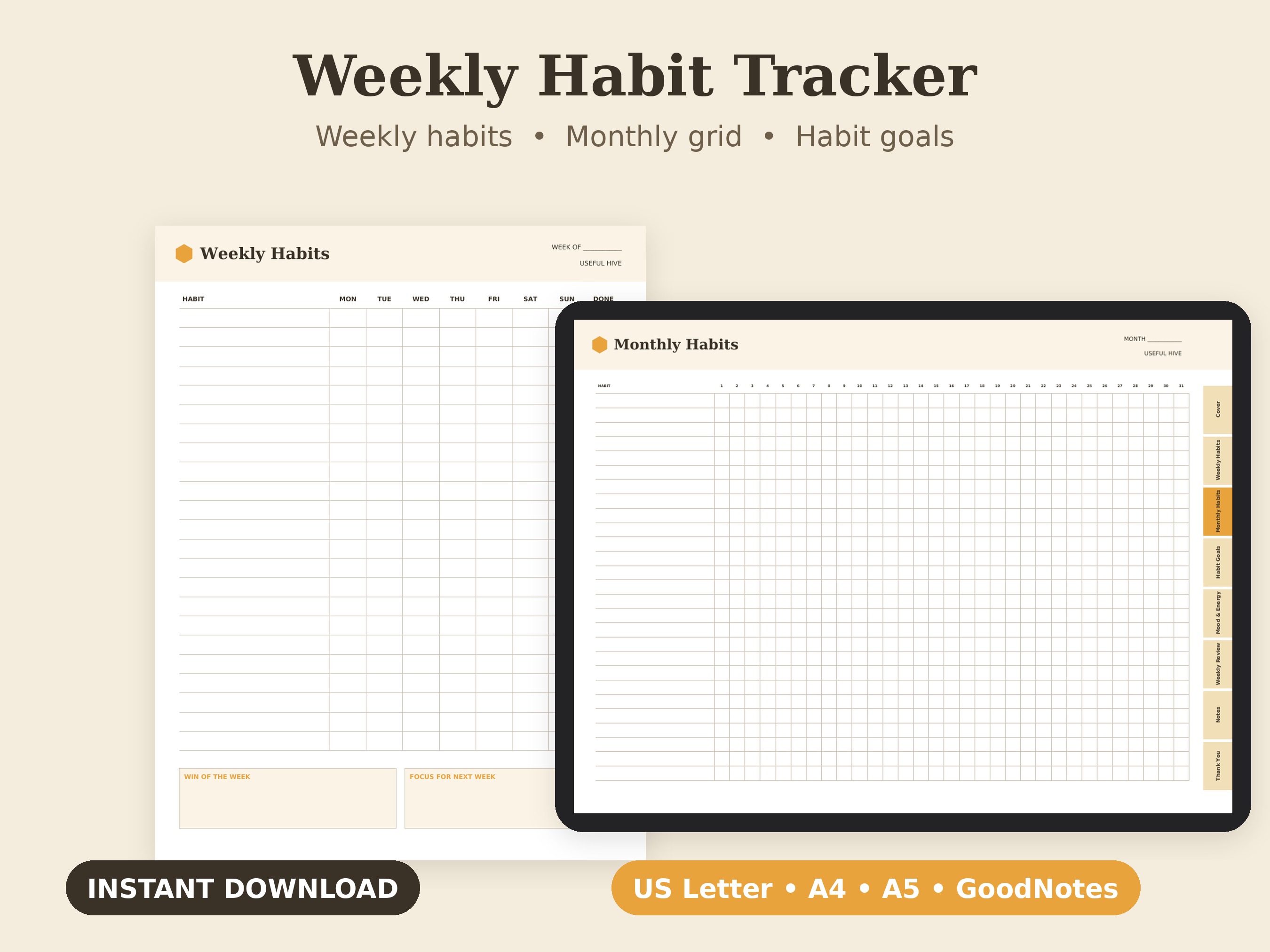 Weekly Habit Tracker printable PDF cover — weekly and monthly habit pages