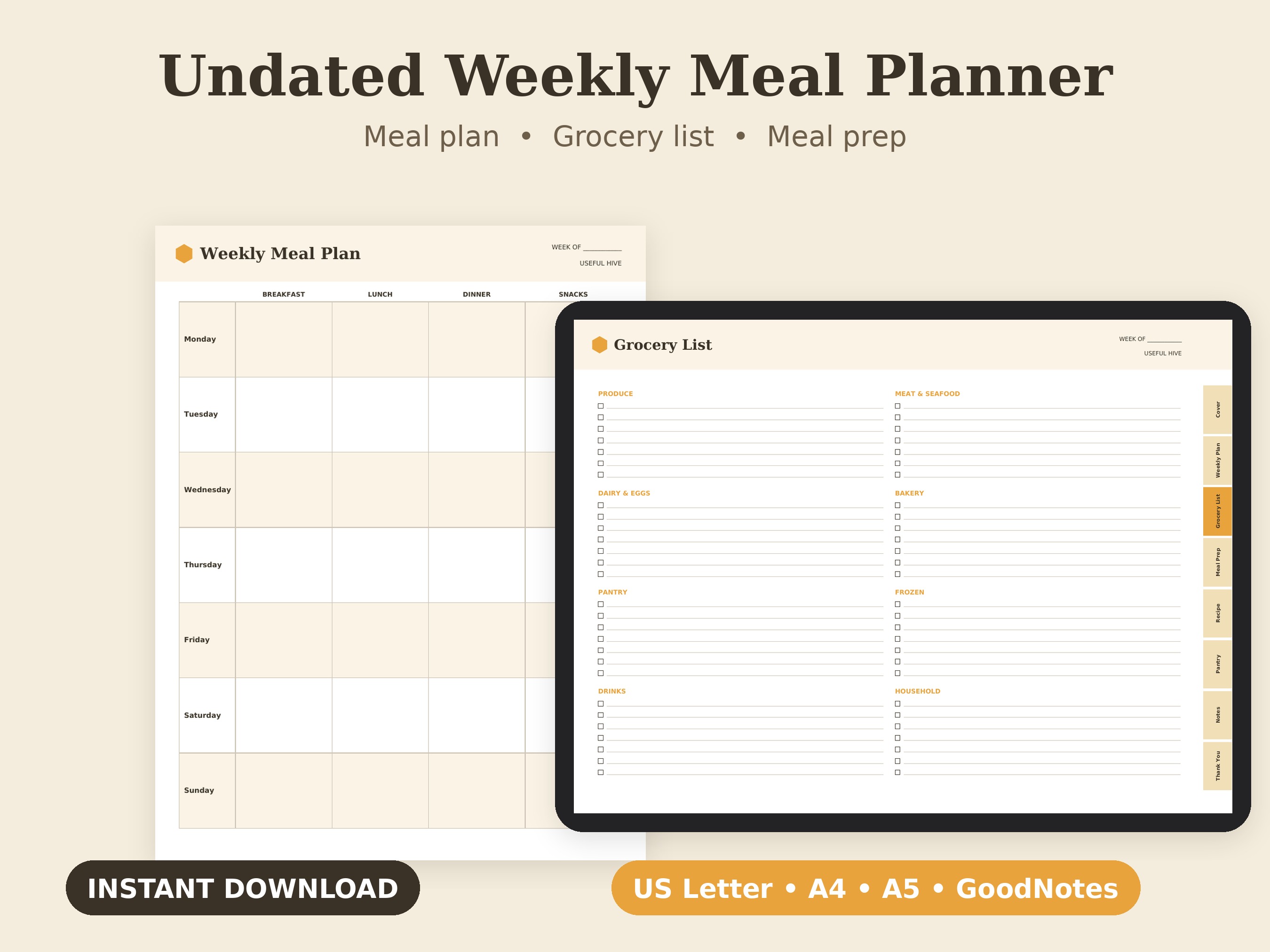 Meal Planner printable PDF cover — weekly meal plan, grocery list and prep day pages