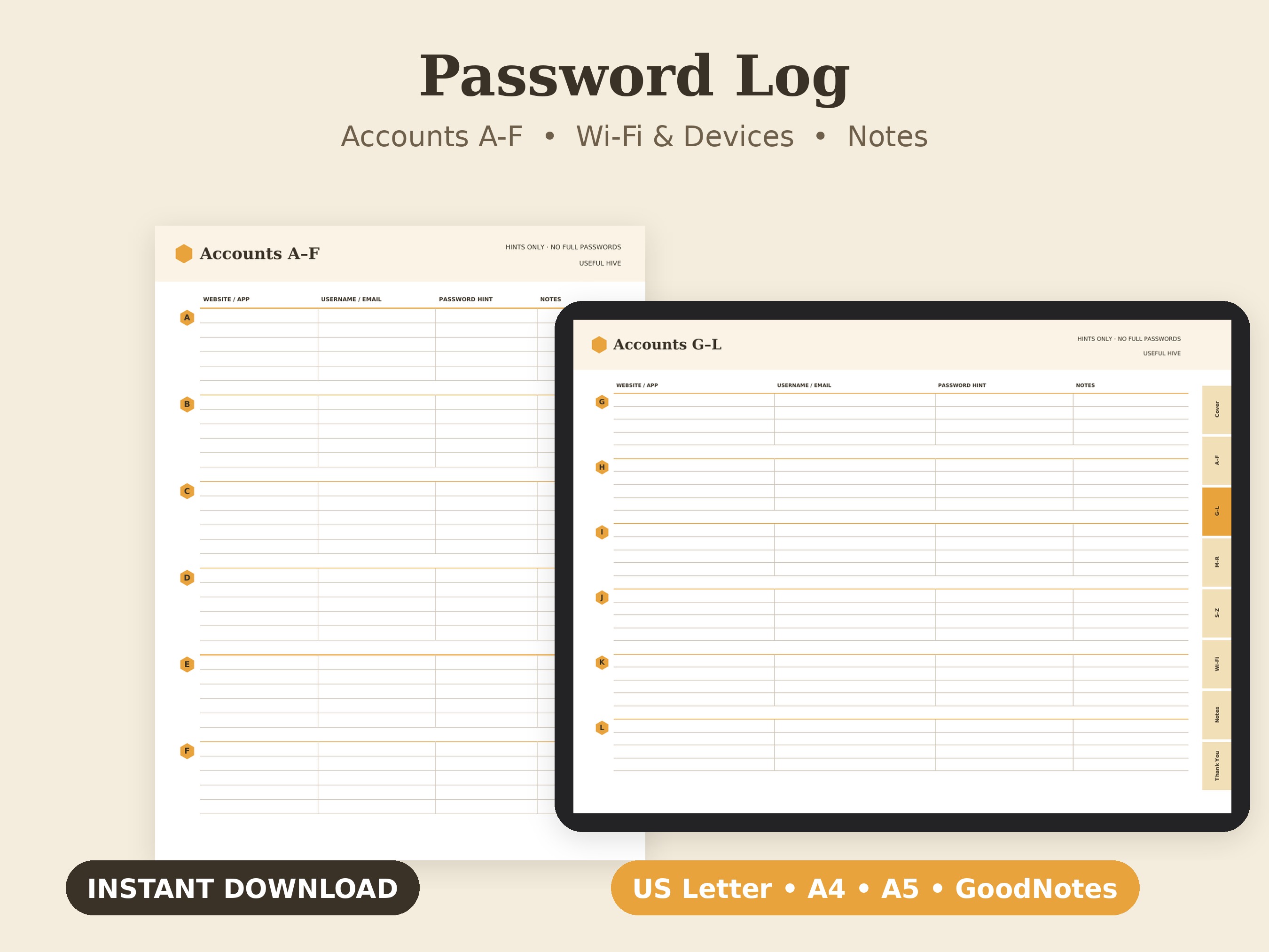 Password Log printable PDF cover with pages for websites, usernames and notes