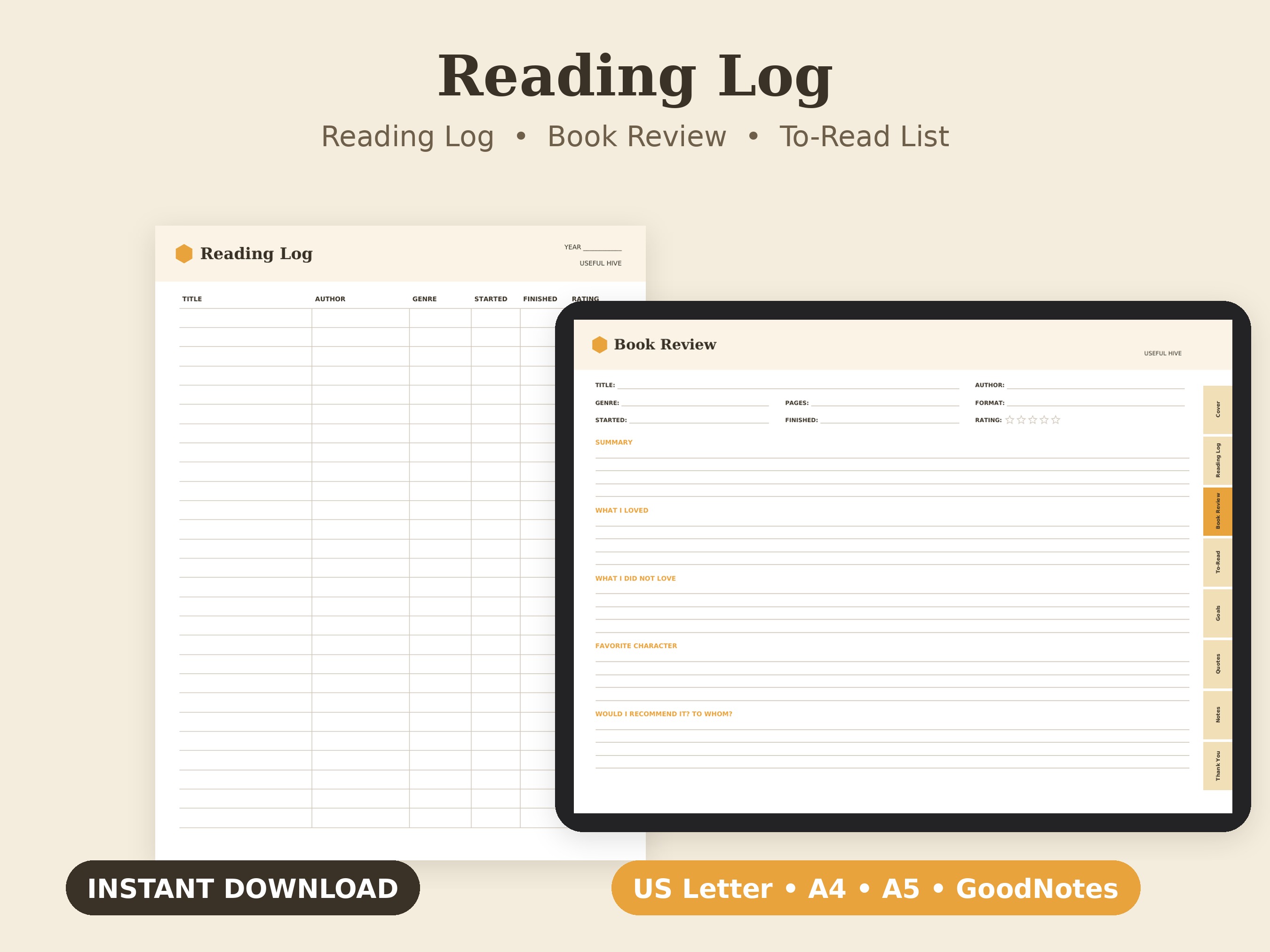 Reading Log printable PDF cover with reading log, to-be-read list and book review pages