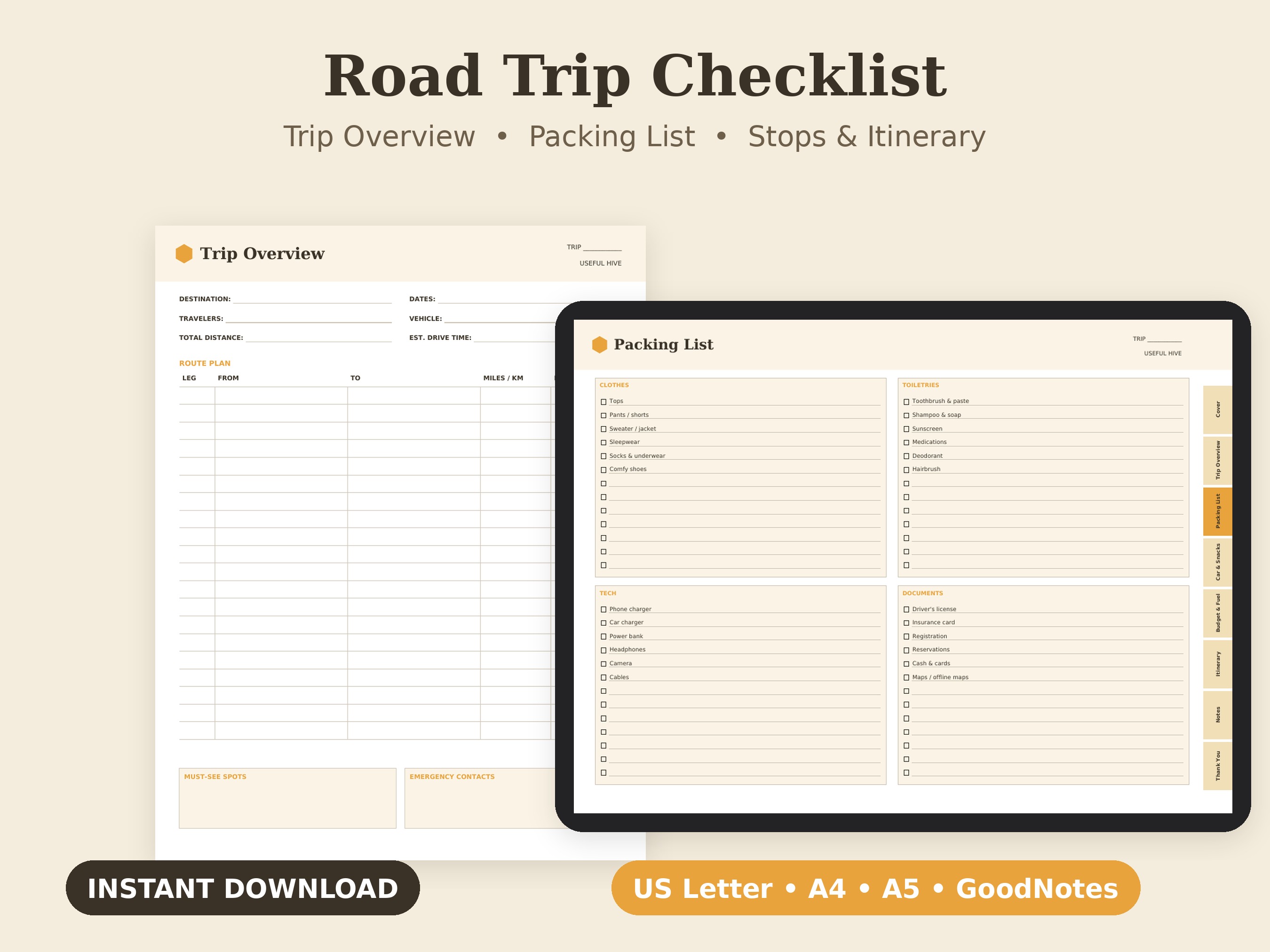 Road Trip Checklist printable PDF cover — pre-trip checklist and packing list pages